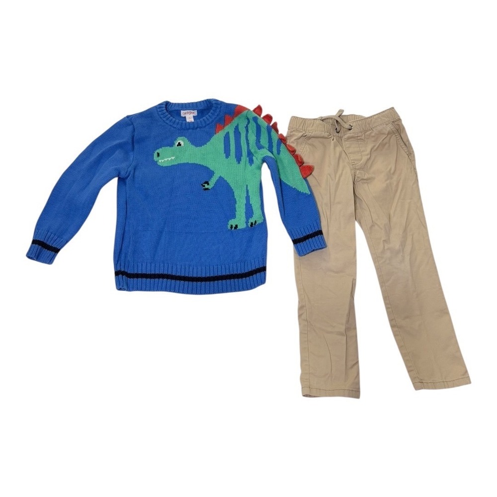Cat & Jack 2pc Outfit Kids 4T Dinosaur Knit Sweater Tan Khaki Chino Pants Blue